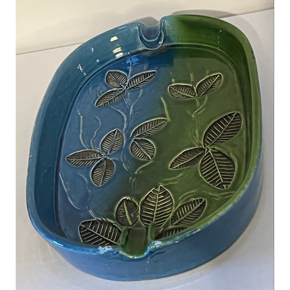 Vtg Bitossi Portofino Rare blue Green Ashtray Leaf Imprints Signed Italy as is